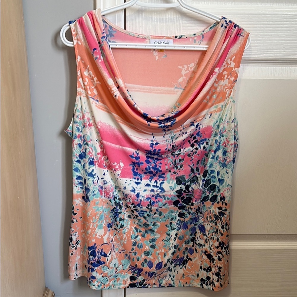 Calvin Klein Floral Cowl Neck Sleeveless Top in Coral Multi